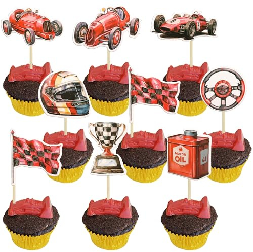 Gyufise 36Pcs Race Car Cupcake Toppers Racing Car Party Cake Decorations for Race Car Theme Baby Shower Birthday Party Decoration Supplies Red