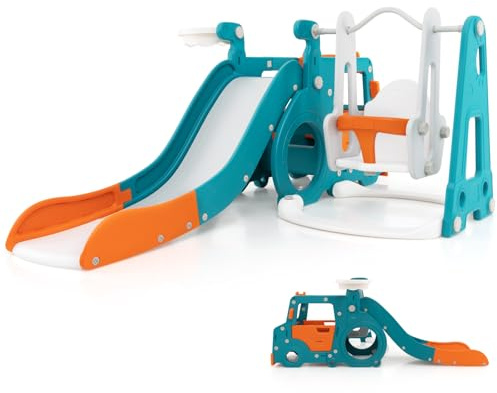 Maxmass 5 in 1 Kids Slide and Swing Set, Toddler Slide Climber Playset with Basketball Hoop, Mini Bus, Crawling Tunnel, Indoor Outdoor Children Activity Center for 18+ Months Old