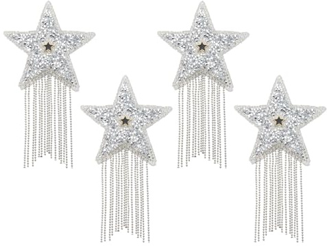 PATIKIL Stern Strass-Patches, 4 Stück Sternform Bügelaufnäher Strass-Applikation Glitzer Kristall-Patches mit Silberquaste für Schuhe Kleidung Hosen Taschen, Silberton
