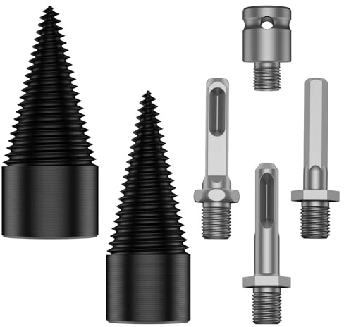 Deuson 2Pcs Wood Splitter Drill Bit Set 32 mm 42 mm Steel Firewood Log Splitter Efficient Firewood Splitting Drill Bit Screw Cone Wood Splitter with 4 Handles for Soft and Dry Wood