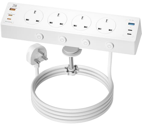 Desk Power Socket USB C 20W, 4 Way Desktop Socket Individually Switchable with 6 USB, Desk Extension Lead, Overload Protected Power Strip 2M for Home Office (White)