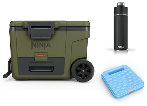 Ninja FrostVault Heavy-Duty Insulated Cool Box with Ninja Thirsti Bottle 530ml & Large Ice Pack, Wheeled Premium Cooler with Dry Zone Integrated Fridge-Temp Dry Storage Drawer, Olive, FB245AMZEUUKGN