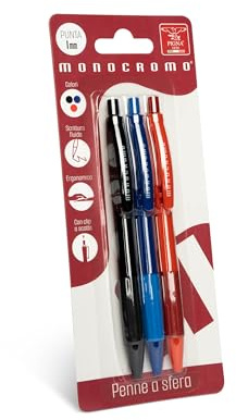 Pigna, einfarbiger Kugelschreiber mit Klickmechanismus, 3er-Blisterpackung (blau, schwarz, rot), flüssiger Schreiblauf, ideal für Schule und Büro