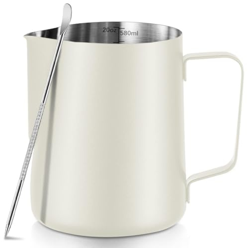 Frothing Milk Pitcher, 20 oz/600 ml Stainless Steel Frothing Milk Jug with Latte Art Pen,with Internal Measurements, for Cappuccino-White