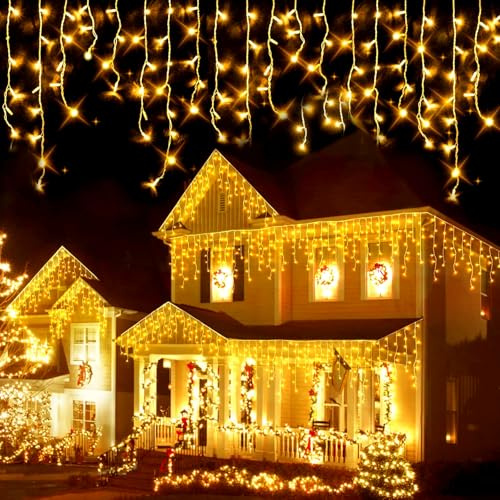 GHONLZIN Eisregen Lichterkette Außen, 10M Wasserdicht Eiszapfen Lichterkette, 336 LEDs Hängende Weihnachtsbeleuchtung Strombetrieben mit 8 Modi, für Hof Garten Party Hochzeit Christmas Dekorationen