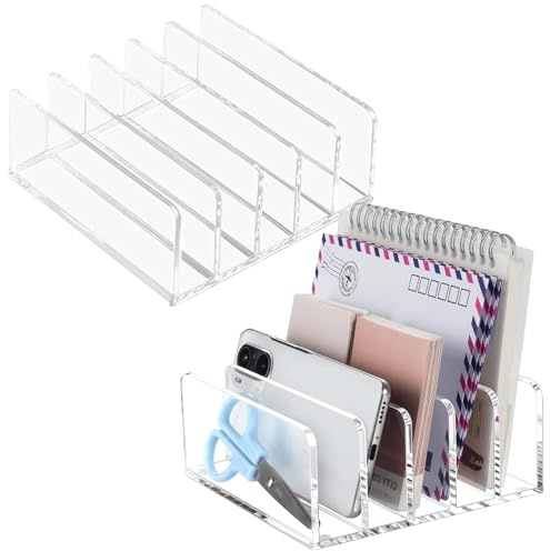 BAIFULAI 2 porta lettere in acrilico, 12,2 x 12,2 x 5,3 cm, organizer per lettere con 5 scomparti, in acrilico, organizer verticale da scrivania, per ufficio, ordine sulla scrivania
