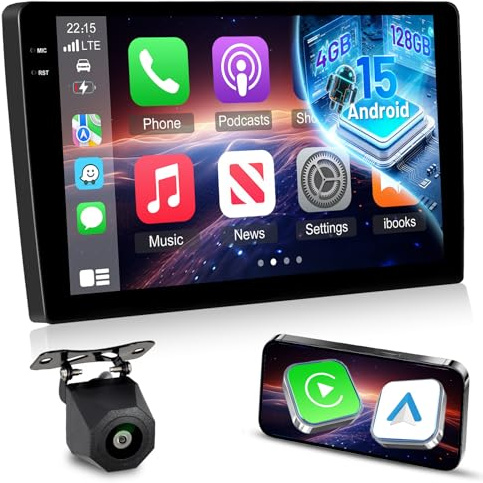 [4+128G] Techschermo Double Din Android Car Stereo with Wireless Carplay and Android Auto - 10 Inch Incell Touch Screen Car Radio - EQ Audio/GPS / 5GHz WiFi/SWC/Bluetooth + AHD Backup Camera
