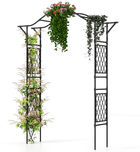 GOPLUS Rosenbogen aus Metall stabil, Gartenbogen für Kletterpflanzen, Torbogen mit Rankgitter, Rankhilfe Bogen, Rosenspalier Rankbogen 170 x 39 x 210 cm, Schwarz