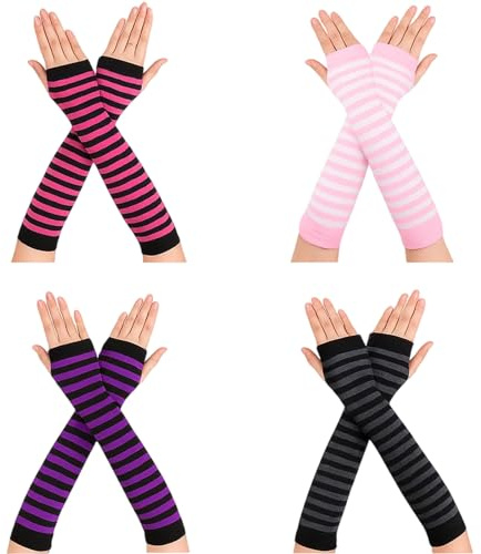 ZaoGoin 4 Pairs Women's Fingerless Gloves ，Stripes Fingerless Arm Warmers Gloves for Autumn Winter, Y2K Accessories, Fashion Arm Warmers for Emo and Kawaii Style