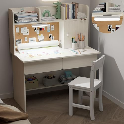 NKUGCFC White Wooden Kids Study Desk and Chair Set, Childrens Desk with Light and Paper Roll Rack,2 Drawers,Storage Cabinets and 3 Storage Open Shelves,Boys & Girls Study Desk for Bedroom and Kidsroom