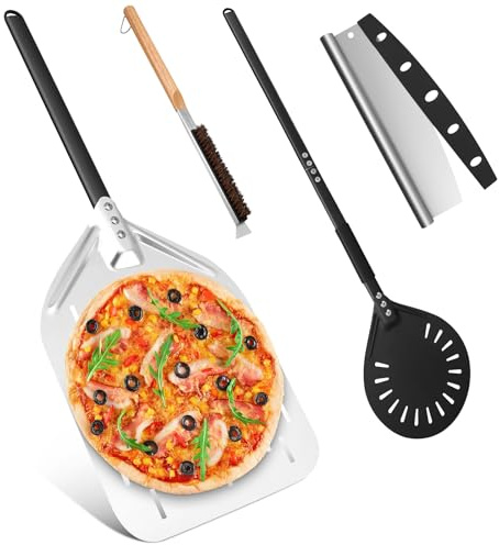 4-Piece Pizza Slider Set, Aluminium Pizza Shovel with Foldable Handle, Pizza Shovel Accessory Set with Pizza Cutter for Baking Handmade Pizza, Bread, Cake, Healthy and Easy to Clean