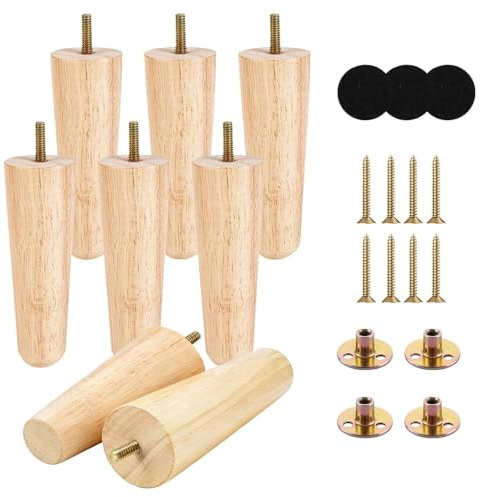 Fognill 8 Pcs Wooden Furniture Legs - Sofa Legs Set - 6 Inch (15cm) Solid Rubber Wood Replacement Feet for Cabinet, Bed, Dresser, TV Stand & Table - Includes Anti-Slip Pads, Mounting Plates & Screws
