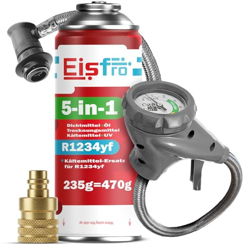 Eisfro - 5 en 1 sustituto R1234yf XL + Manguera + Adaptador YF para Aire Acondicionado de automóvil con Aceite, aditivo sellador, colorante UV, Agente deshidratante – Protege el compresor – 1 x 235 g