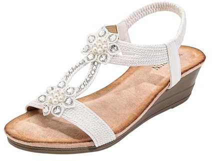 Sandalias de cuña baja para mujer, con correa en T, con diamantes de imitación florales, puntera abierta, zapatos elásticos para verano, elegantes zapatos de fiesta, White, 37 EU