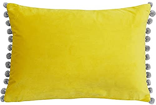 Paoletti Riva Fiesta Rectangular Cojín Amarillo-Silver Pompom Bordes-Faux Velvet-Reversible-Cierre De Cremallera-100% Polyester (14 x 20 Pulgadas) poliéster, Mimosa Lata, 35 x 50 cm (FIESTA/CC0/YESI)