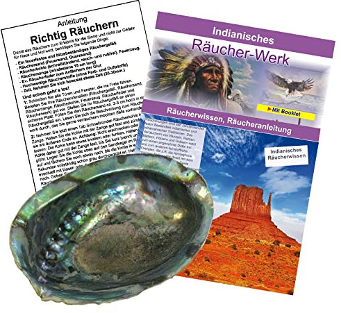 Räuchern Zubehör mit Räuchermuschel/Räucherschale aus Seeopal 12-14 cm 3-TLG Räucherset zum indianisch & schamanisch Räuchern mit Anleitung + Räucher Booklet. 81335