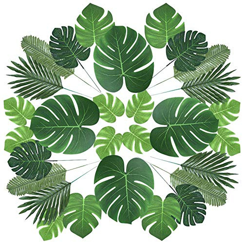 Ulalaza Hojas de palma tropicales artificiales Luau, decoración de fiesta Monstera, hoja verde falsa para