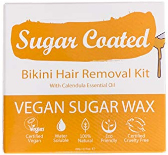 Sugar Coated Organic Bikini Sugar Wax Kit with Strips, Natural & Gentle Hair Removal for Bikini Line, At-Home Sugar Wax with Calendula Oil to Calm Sensitive Skin, Non-Damaging Bikini Wax, 200g