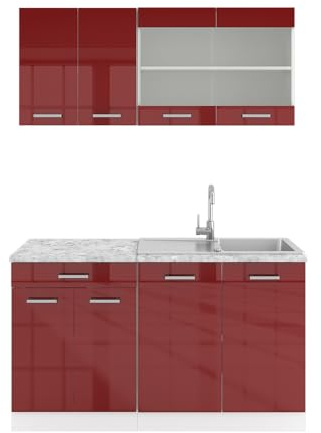 Vicco Singleküche R-Line, Rot Hochglanz, 140 cm | 4 Module · Höhenverstellbare Füße · AP Marmor inkl. · Robuste Fronten · Mit Glasschrank · Frei kombinierbar