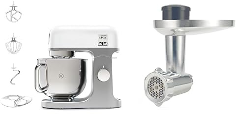 Kenwood Robot Pâtissier Multifonctions KMX750WH, Bol en Acier 5 L, 1000 Watts, Blanc, Compatible avec Hachoir de Boucher KAX950ME en Aluminium Brossé 25 x 16 x 25 cm
