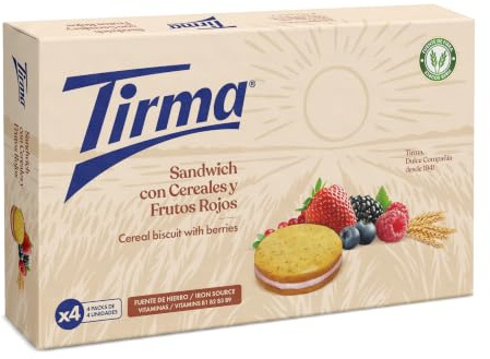 Tirma Sándwich de Cereales y Frutos Rojos 180g | Crujiente y relleno de crema de frutos rojos | Fuente de fibra | Ideal para desayunos, meriendas o llevar | Nutritivo, delicioso y práctico.