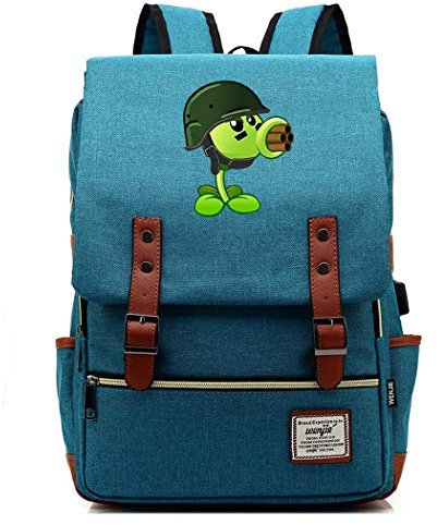 WANHONGYUE Plants vs. Zombies Spiel Backpack Vintage Schulrucksack Schulranzen Studententasche 15,6 Zoll Laptop Rucksack mit USB-Ladeanschluss Deep Sky Blue / 2