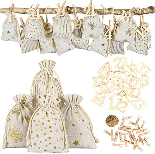 Papierdrachen Adventskalender 2025 - Stoffsäckchen (24 St.) zum Befüllen mit XXL-Holzzahlen - gold bedruckte Geschenksäckchen für DIY Weihnachten