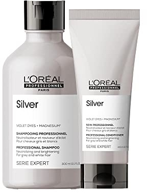 L’Oréal Professionnel | Champú + Acondicionador Neutralizador para cabellos grises, blancos o rubios claros, Silver, SERIE EXPERT, 300ml + 200 ml
