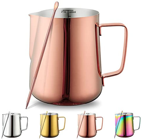Milk Jug 21oz 620ml, Kyraton Stainless Steel Espresso Steaming Pitchers with Decorating Pen, Milk Frother Jug Cappuccino Latte Art Barista Steam Pitchers Milk Jug Cup (Rose Gold)