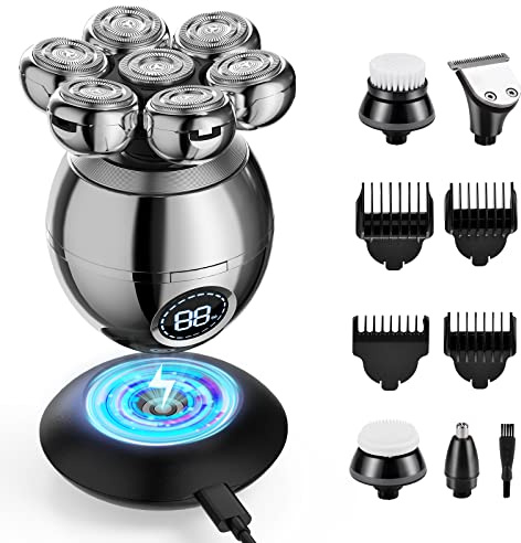 Rasoi a testa calva 7D per uomo, EYEPICK Rasoio elettrico bagnato e asciutto per viso e testa, rasoio rotante con batteria dissipabile, spazzole, base di ricarica wireless