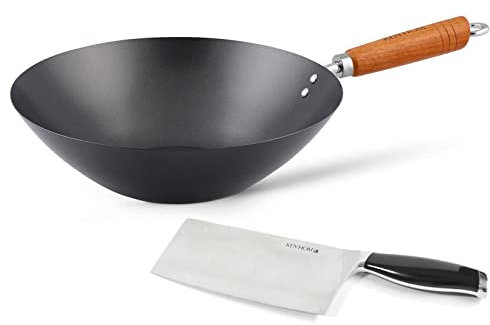 Ken Hom Antihaft Wokpfanne 31 cm - Karbonstahl Wok mit Holzgriff - für Gas, Elektro & Glaskeramik - nicht induktionsgeeignet - Stielwok inkl. Hackmesser 18 cm