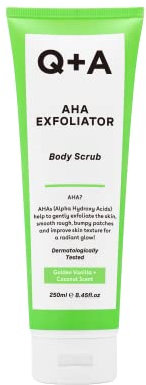 Q+A AHA Exfoliator Body Scrub (250ml), Exfoliating Body Scrub with AHA and Lactic & Glycolic Acid, Smooths Rough Dry Skin, Brightens & Hydrates, Vanilla & Coconut Scent