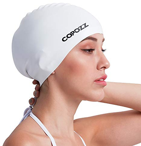 COPOZZ Women‘s Swim Cap for All Hair - Large, Comfortable Silicone Swimming Cap, Waterproof Design for Long, Short, Thick & Curly Hair | Secure & Comfortable Fit (White-12yrs+)