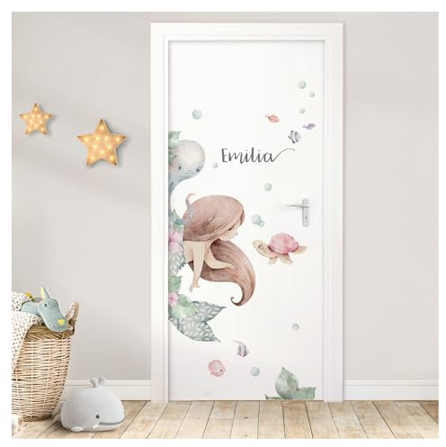 DEKO KINDERZIMMER Türaufkleber Meerjungfrau mit Name Wandsticker Kinderzimmer Wandtattoo Babyzimmer Türsticker Wandaufkleber selbstklebend DK1123-03