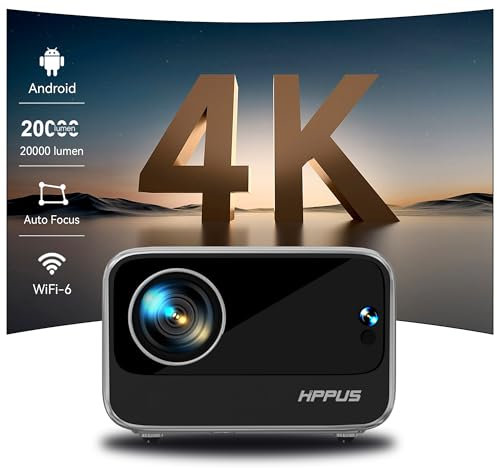HIPPUS Proiettore 4K, Full HD 1080p, Messa a Fuoco Elettrica, Correzione Automatica Trapezio, Android Integrato, WiFi 6, Bluetooth 5.2, Compatibile USB/HDMI, Bianco