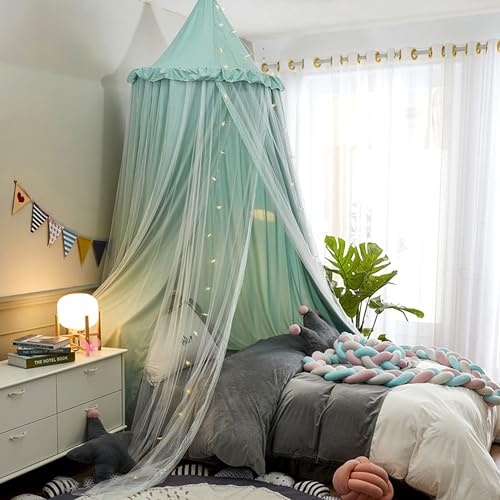 HUOQOU Sänghimmel för Flickor Dubbelskikt Prinsessa Rund Kupa Barn Drömsk Myggnät Sängkläder Flickrum Slott Lektält Hängande Husdekor Läsfåtölj Baldakiner(grön/vit)