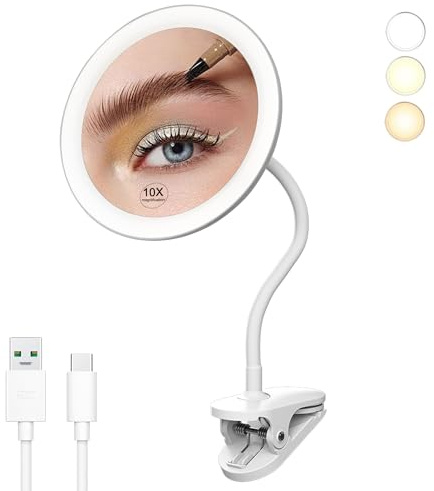 YNGTUOE 16,5 cm beleuchteter Clip-On-Schminkspiegel, Schwanenhals-Reisespiegel, 5-fache Vergrößerung, USB-Lade-Rasierspiegel für den Schreibtisch (weiß, 5-Fach)