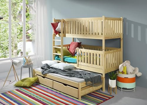 KEF Julia Etagenbett Kinder 80x160 cm - Etagenbett 3 Personen - Holz Kinderbett - für DREI Kinder - mit Schubladen - Ausziehbares Drittes Bett - ohne Matratze - Kiefer - Leiter Rechts