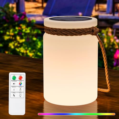 RWWR Lámpara de Mesa Solar LED Recargable 2 en 1: Inalámbrica con Control Remoto, 8 Colores Ajustables, IP44 para Balcón Jardín Camping Terraza
