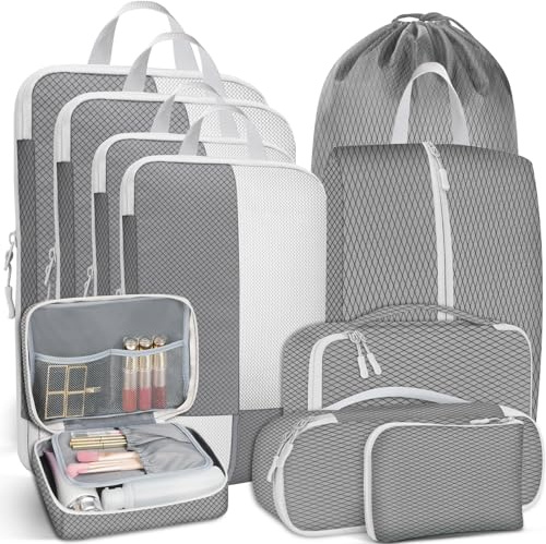 Avmvnvc Koffer Organizer Set, 10-Teiliges Packing Cubes für Kleidung, Packwürfel Set mit Kompression, Kofferorganizer Set mit Kosmetiktasche, Travel Organizer für Rucksack und Koffer, Grau