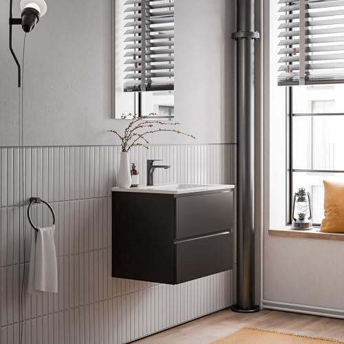 Bernstein Badmöbel-Set AVA 60cm, Waschbecken mit Unterschrank in Schwarz matt, Keramik-Waschbecken in Weiß glänzend mit einem Hahnloch, Ideal für kleine Bäder
