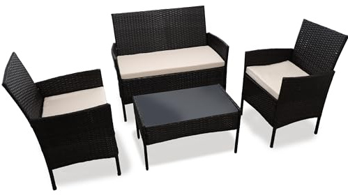 DIVCHI Garden Furniture Set Rattan Patio Conservatory Balcony Indoor Outdoor 4 Seater Piece Glass Top Coffee Table Sofa Loveseat with Cushions (Black)