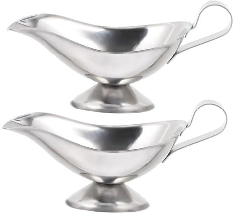 BELLIFFY 2pcs Stainless Steel Gravy Boat Spout Metal Sauce Pitcher for Juices Dressings and Gravies Serving Bowl Set for Kitchen Use