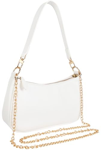 JABNOW Pochettes et Clutches Femme, Petit Sac a Main Femme Bandoulière en Cuir avec Fermeture Éclair, Sac Femme avec Longue Bandoulière en Chaîne pour Voyage Fête Bureau (Blanc)