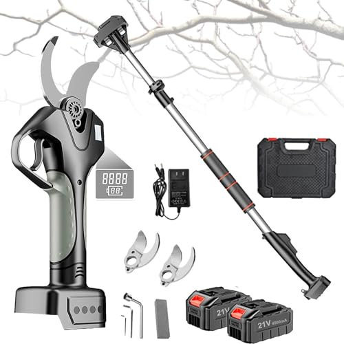 Sécateur électrique, avec perche télescopique de 2,1 m, sécateur d'arbre rechargeable sans fil léger avec protection de sécurité, diamètre de coupe de 45 mm, 2 lames et 2 batteries
