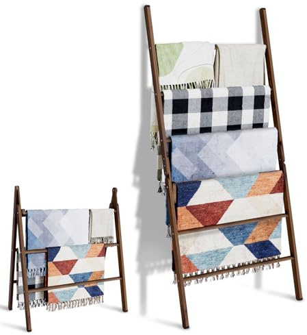 Delywh 6-Tier Wide Double Blanket Ladder Wood, Rustic Decorative Towel Rack for Big Blanket, Towel, Quilt, Clothes, Freestanding Blanket Holder Towel Ladder Decor Stand for Living Room, Bedroom, Brown