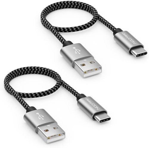 deleyCON SET di Cavi USB-C (2 Pezzi Ciascuno 0,30m) 30 cm Corto Nylon Cavo di Ricarica Cavo Dati USB Tipo C Spina in Metallo Ricarica e Sincronizzazione del Telefono Cellulare e Dello Smartphone