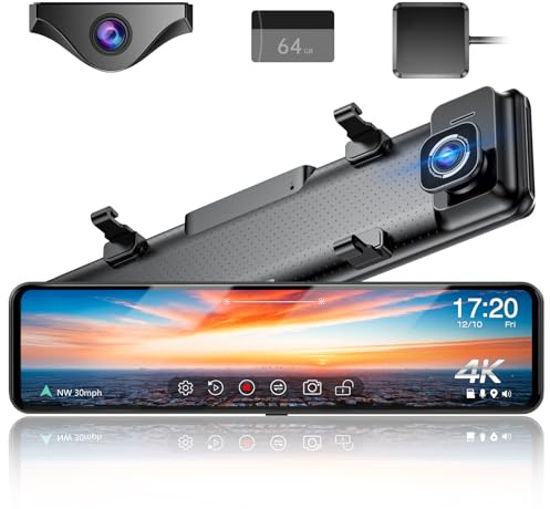 12 4K UHD Mirror Dash Cam Front and Rear with Zoom Backup Camera, 2160P Dual Rear View Mirror Camera for Cars & Trucks, 64GB Card Included, GPS, WDR, Super Night Vision, Parking Assist & G-Sensor