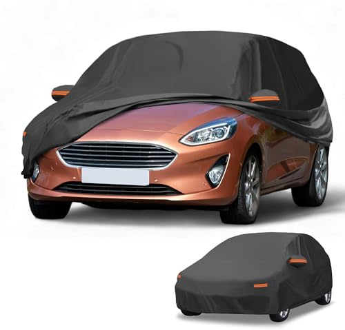 Partuto Funda de Coche Impermeable para Todo Clima Protección Exterior Completa Anti-UV Sol Lluvia para Ford Fiesta Hatchback 190T-PU Negro con Franjas Reflectantes.