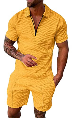 2-teiliges Set für Herren, 2-teiliges Set mit Knöpfen, elastischem Revers, 2-teilig, für den Sommer, Hawaiidruck, Poloshirt mit Revers, Reißverschluss, modisch, Business-Anzug, gelb, XL